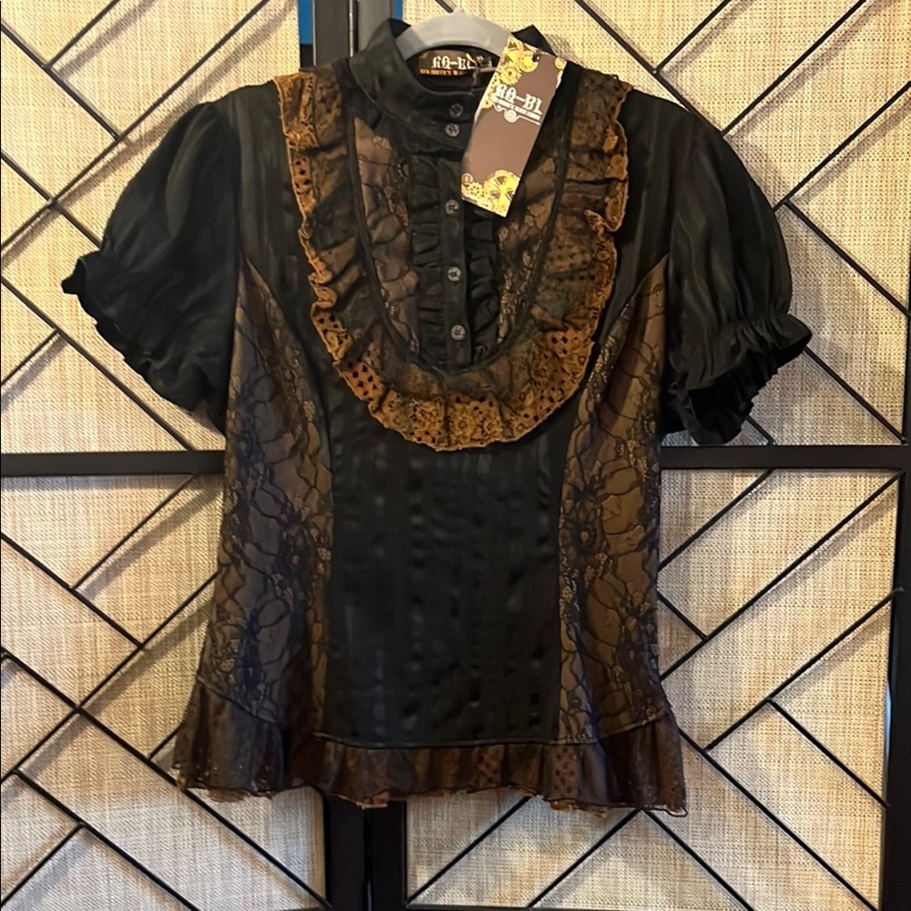 RQ-BL NWT Cottage Steampunk Lace Ruffle Puffed Short-Sleeve Blouse Detailed XL
